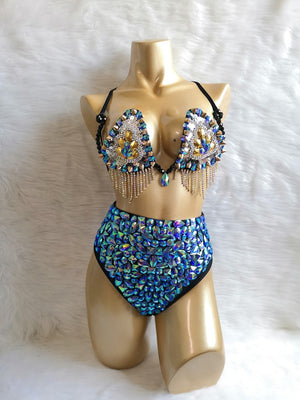 Women's Blue Sequin and Rhinestone Bra Top and High-Waisted Bottoms Set with Fringe Details for Rave Dance