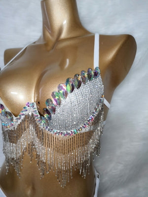 Women's White Sequin Fringe Rhinestone Bra Top and Bikini Bottom Set, Dance Costume