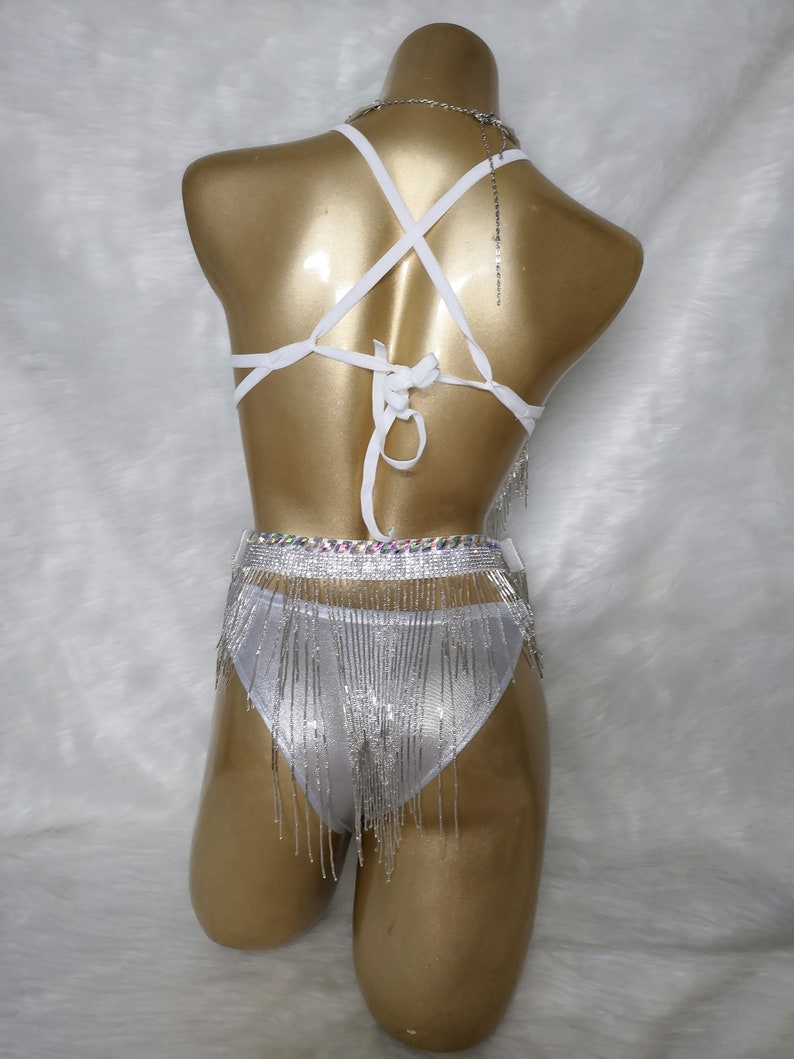 Women's White Sequin Fringe Rhinestone Bra Top and Bikini Bottom Set, Dance Costume