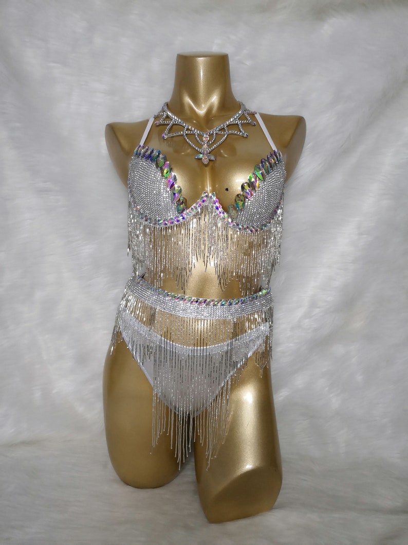 Women's White Sequin Fringe Rhinestone Bra Top and Bikini Bottom Set, Dance Costume