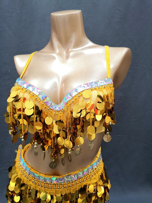 Belly Dance Costume Women's Yellow Sequin Bra Top and Hip Scarf Set with Gold Coins for Performance.