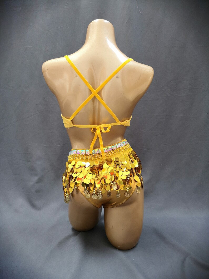 Belly Dance Costume Women's Yellow Sequin Bra Top and Hip Scarf Set with Gold Coins for Performance.