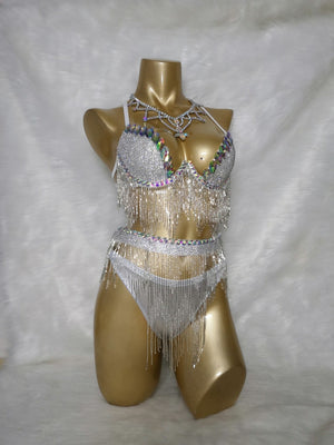 Women's White Sequin Fringe Rhinestone Bra Top and Bikini Bottom Set, Dance Costume