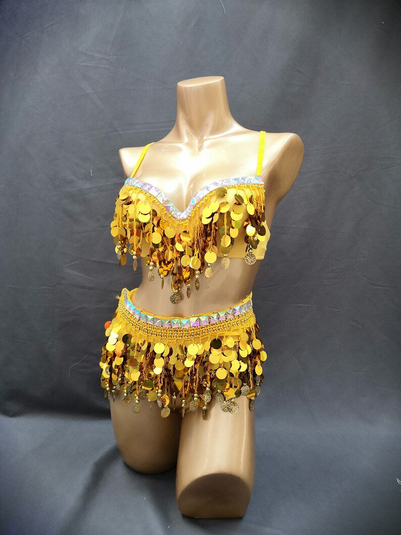 Belly Dance Costume Women's Yellow Sequin Bra Top and Hip Scarf Set with Gold Coins for Performance.