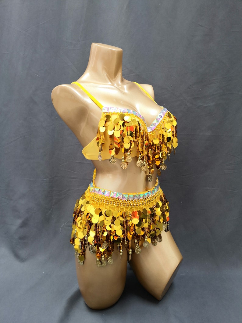 Belly Dance Costume Women's Yellow Sequin Bra Top and Hip Scarf Set with Gold Coins for Performance.