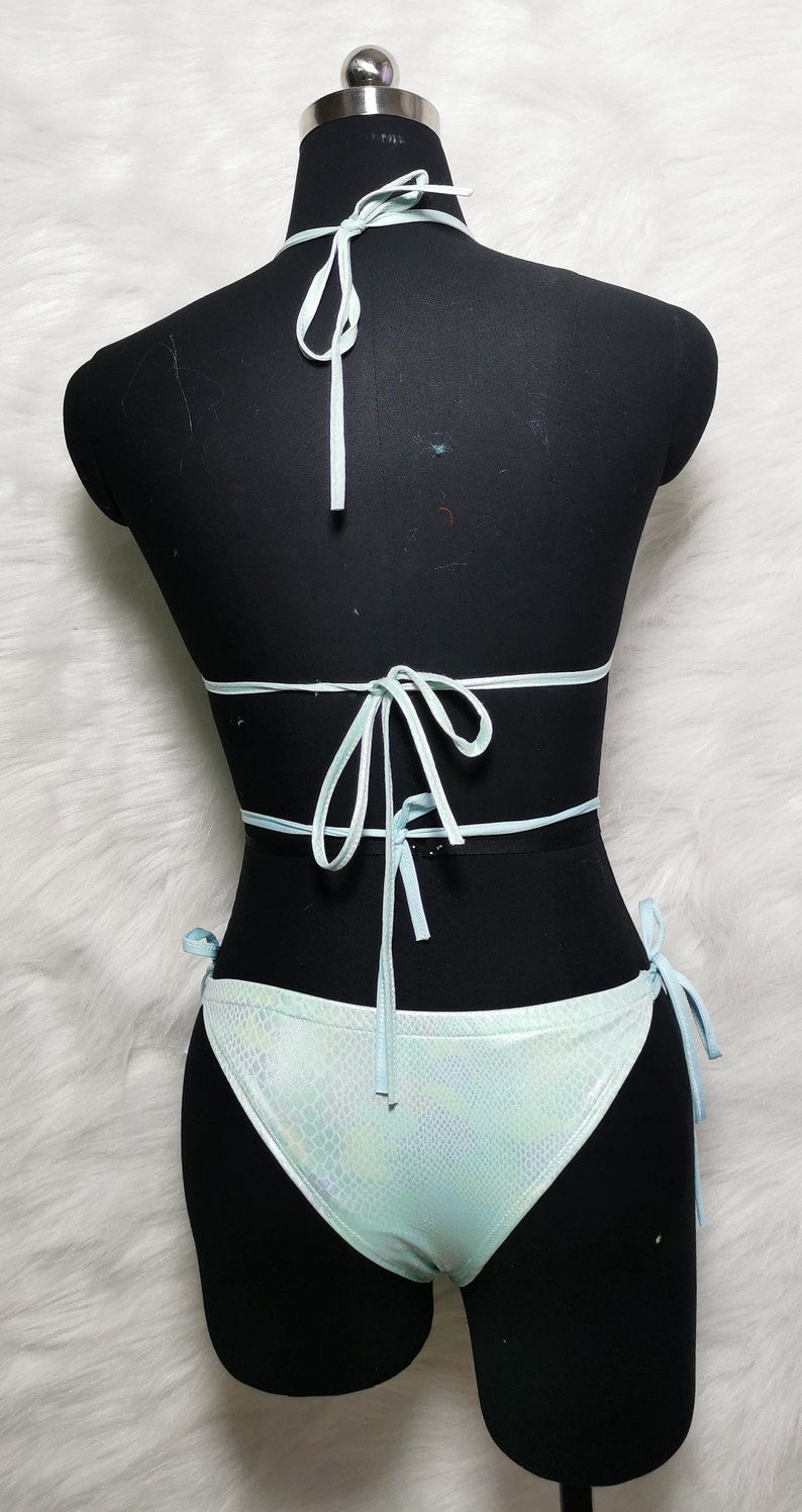 Women's Light Blue Sequin & Pearl Embellished Snake Print Bikini Set for Pole Dance