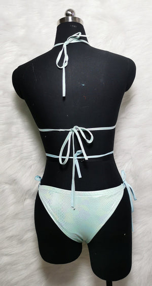 Women's Light Blue Sequin & Pearl Embellished Snake Print Bikini Set for Pole Dance