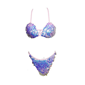 Bikini Set Women's Pink Iridescent Sequin Scale Halter Top and High-Cut Bottoms, Mermaid Rave Dancewear