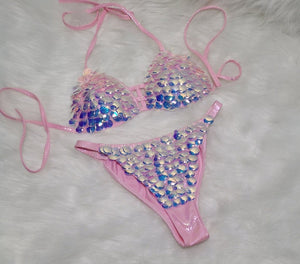 Bikini Set Women's Pink Iridescent Sequin Scale Halter Top and High-Cut Bottoms, Mermaid Rave Dancewear