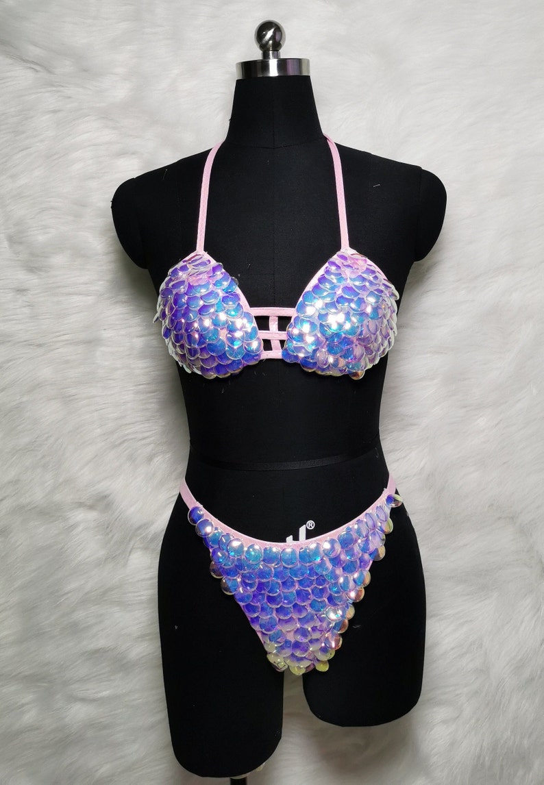 Bikini Set Women's Pink Iridescent Sequin Scale Halter Top and High-Cut Bottoms, Mermaid Rave Dancewear