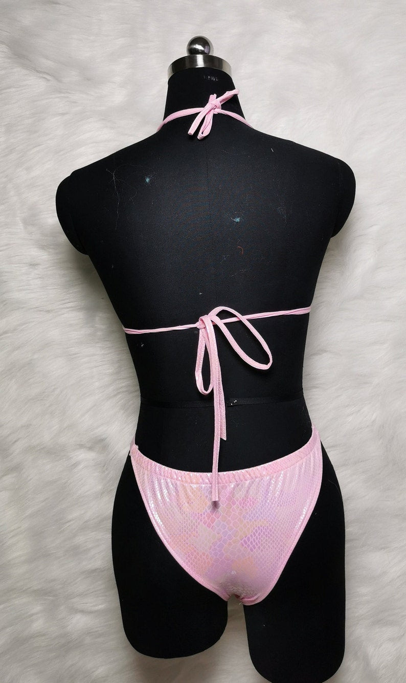 Bikini Set Women's Pink Iridescent Sequin Scale Halter Top and High-Cut Bottoms, Mermaid Rave Dancewear