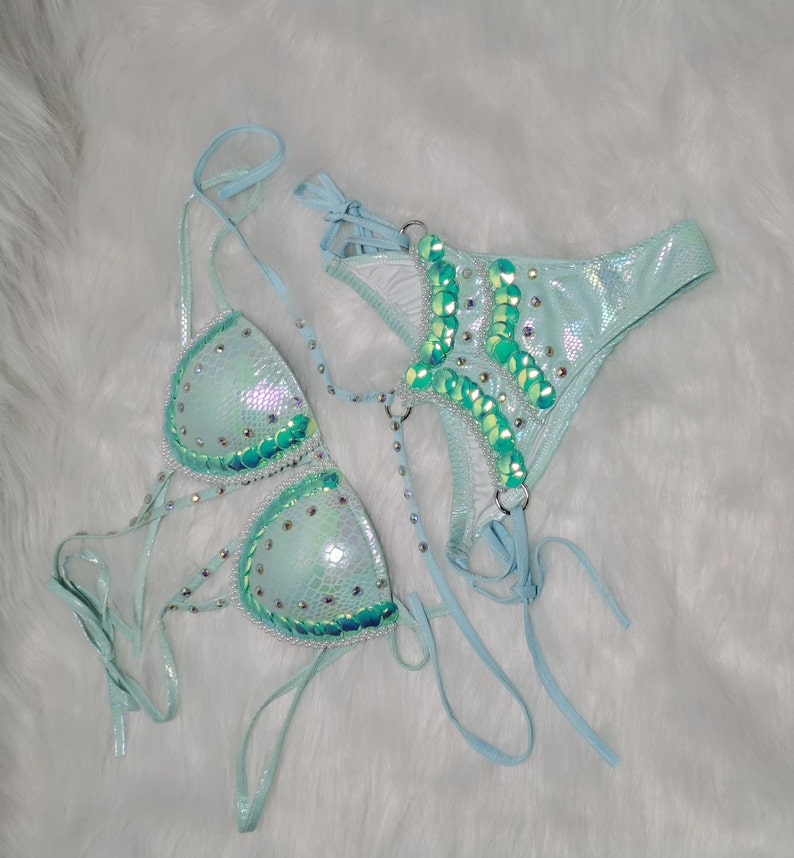 Women's Light Blue Sequin & Pearl Embellished Snake Print Bikini Set for Pole Dance