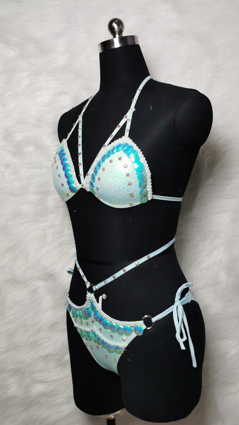 Women's Light Blue Sequin & Pearl Embellished Snake Print Bikini Set for Pole Dance
