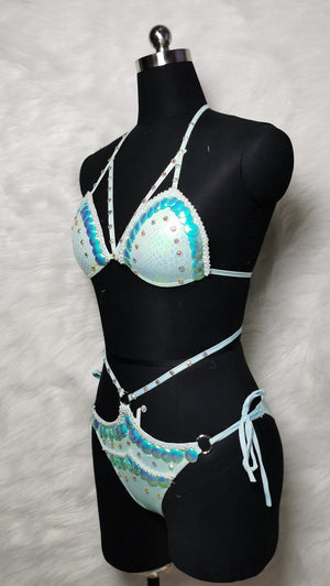 Women's Light Blue Sequin & Pearl Embellished Snake Print Bikini Set for Pole Dance
