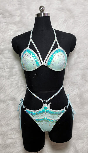 Women's Light Blue Sequin & Pearl Embellished Snake Print Bikini Set for Pole Dance