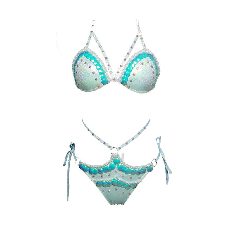 Women's Light Blue Sequin & Pearl Embellished Snake Print Bikini Set for Pole Dance