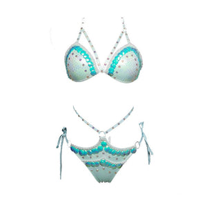 Women's Light Blue Sequin & Pearl Embellished Snake Print Bikini Set for Pole Dance