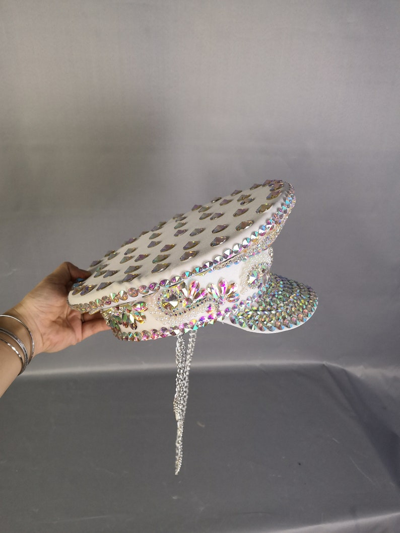 Women's White Iridescent Rhinestone Sequin Embellished Captain Hat with Chain