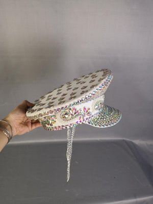 Women's White Iridescent Rhinestone Sequin Embellished Captain Hat with Chain
