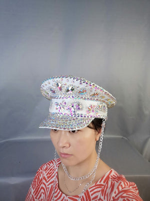 Women's White Iridescent Rhinestone Sequin Embellished Captain Hat with Chain
