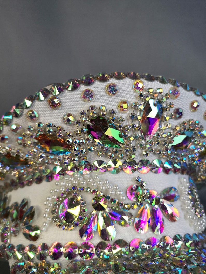 Women's White Iridescent Rhinestone Sequin Embellished Captain Hat with Chain
