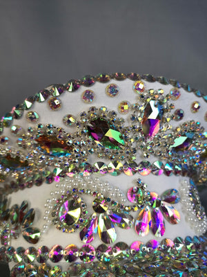 Women's White Iridescent Rhinestone Sequin Embellished Captain Hat with Chain