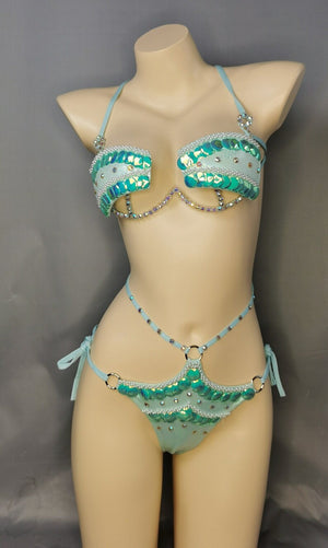 Women's Aqua Sequin & Pearl Beaded Halter Bikini Set with Rhinestone Accents, Belly Dance/Burlesque