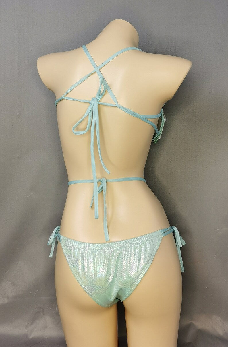 Women's Aqua Sequin & Pearl Beaded Halter Bikini Set with Rhinestone Accents, Belly Dance/Burlesque