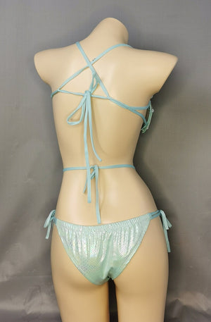 Women's Aqua Sequin & Pearl Beaded Halter Bikini Set with Rhinestone Accents, Belly Dance/Burlesque