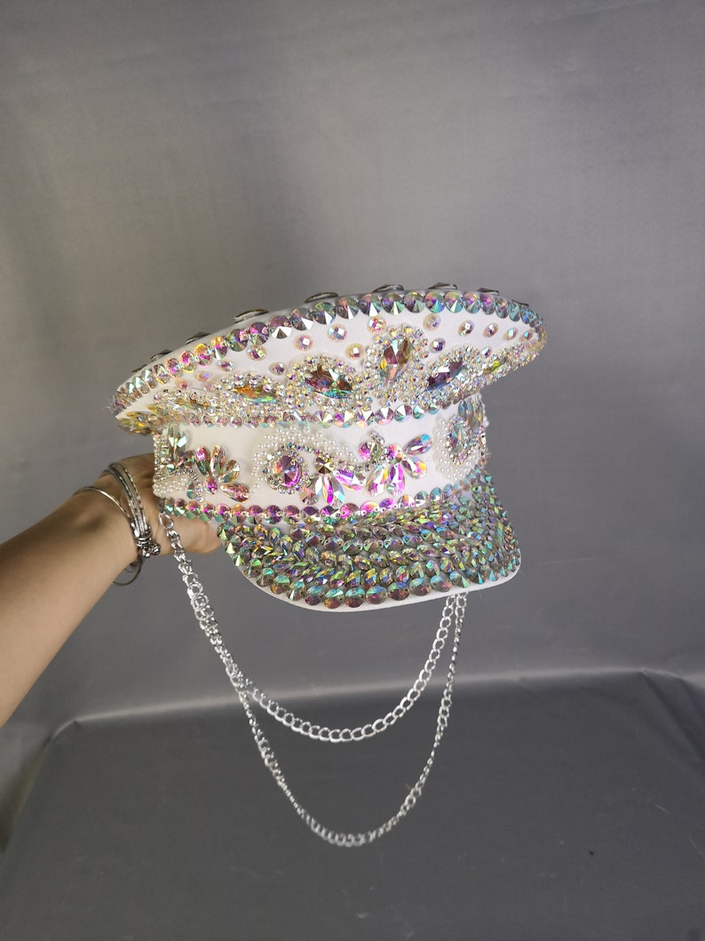 Women's White Iridescent Rhinestone Sequin Embellished Captain Hat with Chain