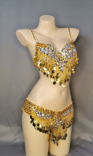 Belly Dance Bra and Belt Set, Women's Gold & Silver Sequin Coin Fringe, Tribal Dance Costume