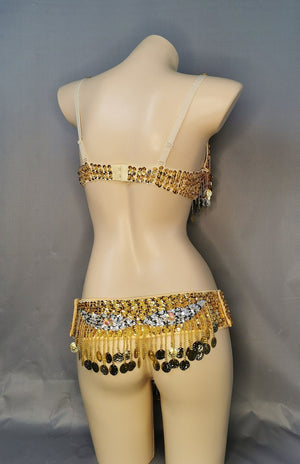 Belly Dance Bra and Belt Set, Women's Gold & Silver Sequin Coin Fringe, Tribal Dance Costume
