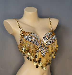 Belly Dance Bra and Belt Set, Women's Gold & Silver Sequin Coin Fringe, Tribal Dance Costume