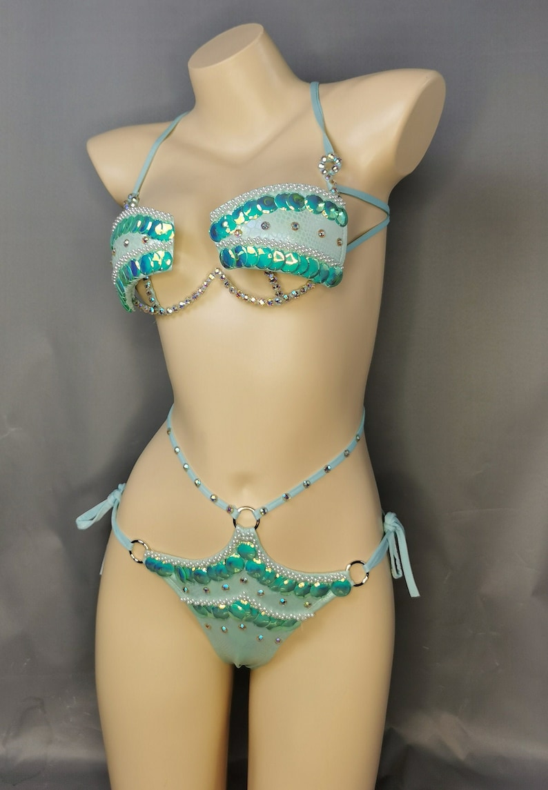 Women's Aqua Sequin & Pearl Beaded Halter Bikini Set with Rhinestone Accents, Belly Dance/Burlesque