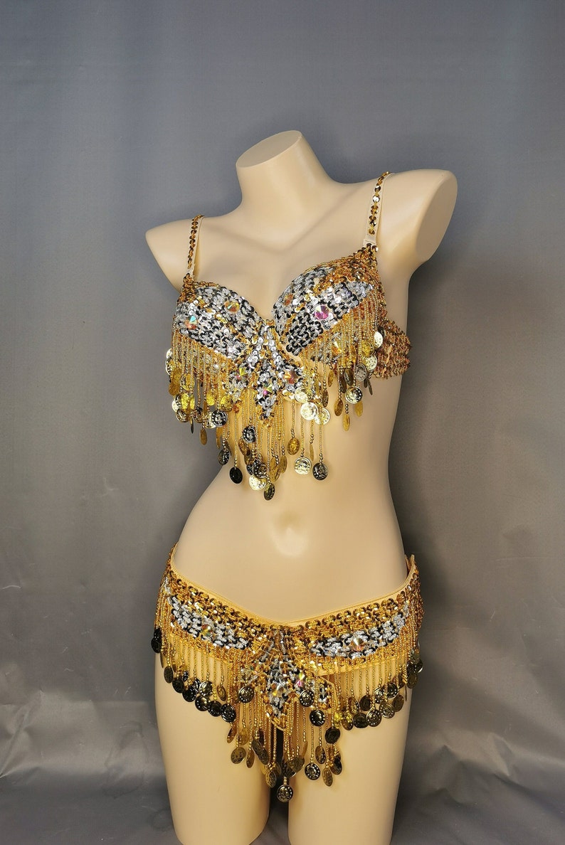 Belly Dance Bra and Belt Set, Women's Gold & Silver Sequin Coin Fringe, Tribal Dance Costume
