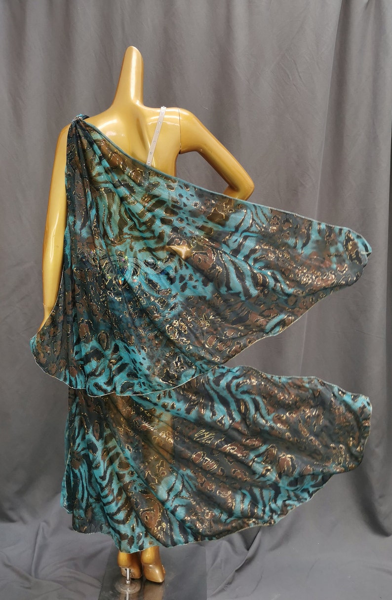 Belly Dance Costume Women's Blue & Black Animal Print Chiffon & Sequin Bra Top with Embellished Hip Scarf & Skirt Set