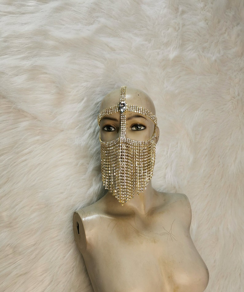 Women's Silver Rhinestone Fringe Face Mask Headpiece, Belly Dance