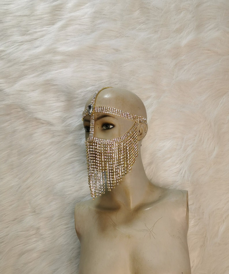 Women's Silver Rhinestone Fringe Face Mask Headpiece, Belly Dance