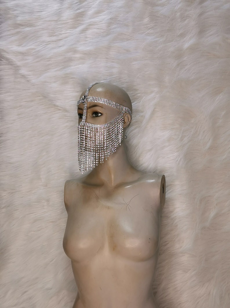 Women's Silver Rhinestone Fringe Face Mask Headpiece, Belly Dance