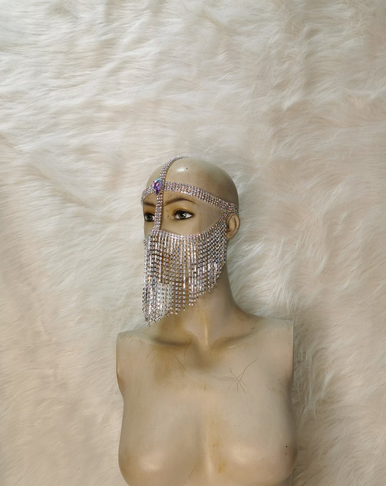 Women's Silver Rhinestone Fringe Face Mask Headpiece, Belly Dance