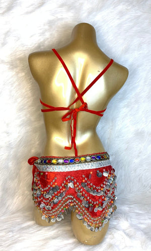 Belly Dance Costume Women's Black & Gold Embellished Bra & Hip Scarf Set with Coins and Beads