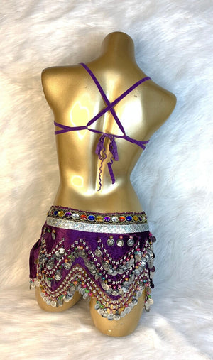 Belly Dance Costume Women's Black & Gold Embellished Bra & Hip Scarf Set with Coins and Beads