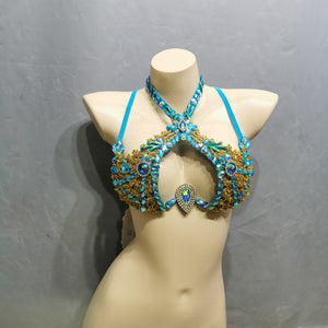 Dance Bra Women's Gold Iridescent Rhinestone Beaded Halter Top
