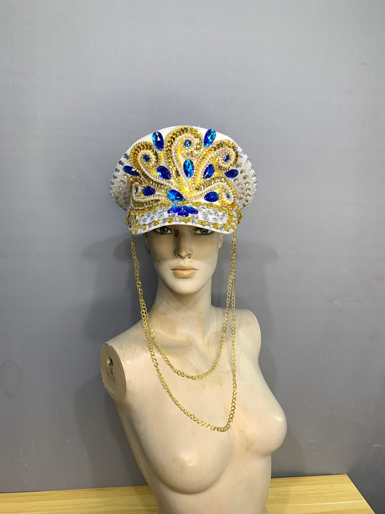 Rhinestone Captain Hat, Adult White Iridescent Gemstone Embellished Festival Visor with Chain Detail, Rave Dancewear