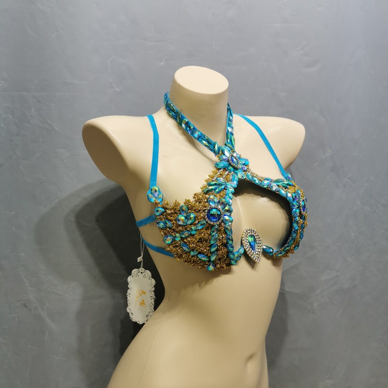 Dance Bra Women's Gold Iridescent Rhinestone Beaded Halter Top