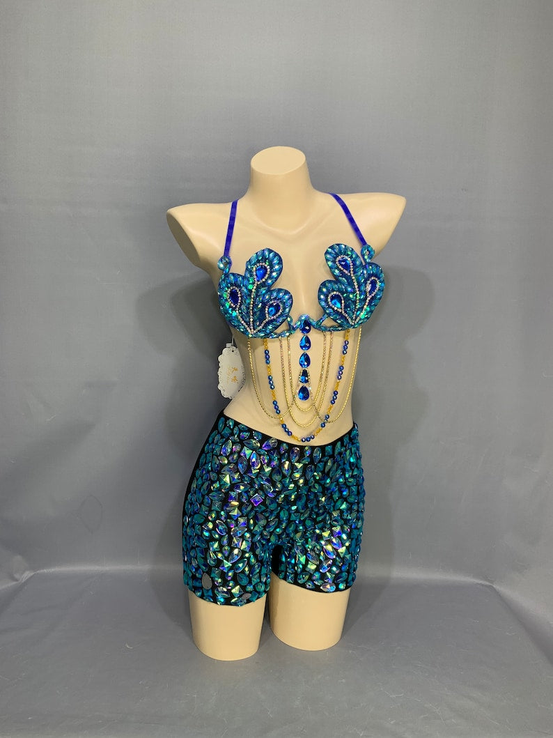 Dance Costume Women's Blue Sequin Peacock Feather Halter Bra Top and Teal Gemstone Shorts Set