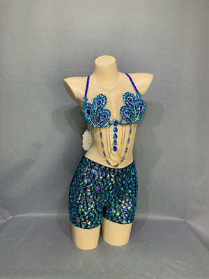 Dance Costume Women's Blue Sequin Peacock Feather Halter Bra Top and Teal Gemstone Shorts Set