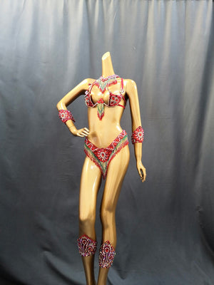 Women's Red & Green Beaded Rhinestone Fringe Samba Carnival Dance Costume Set