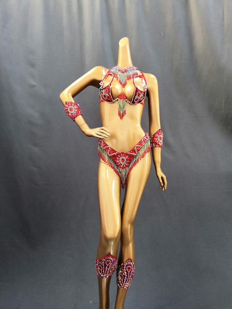 Women's Red & Green Beaded Rhinestone Fringe Samba Carnival Dance Costume Set