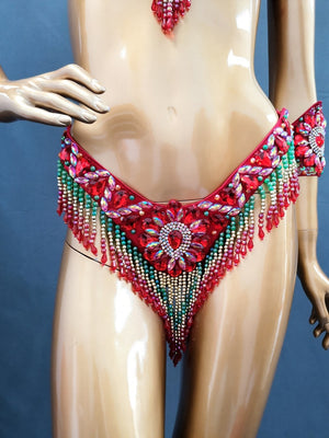 Women's Red & Green Beaded Rhinestone Fringe Samba Carnival Dance Costume Set